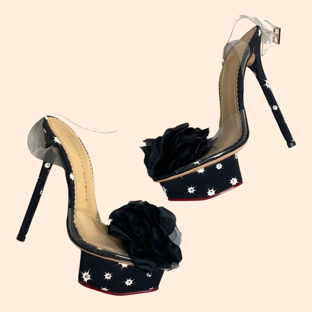 Charlotte Olympia Black Star-Print Platform Heels with Rosette